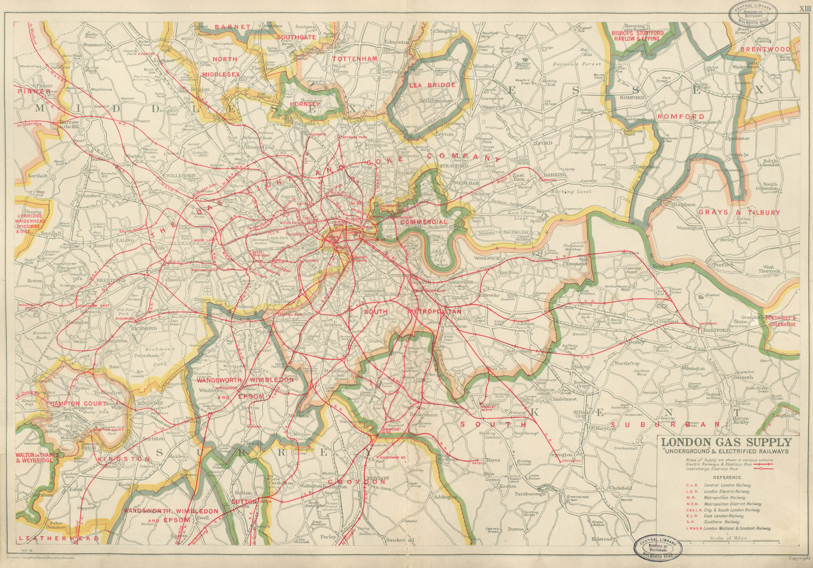 LONDON GAS SUPPLY areas + Tube/UNDERGROUND & electrified railways.BACON 1934 map
